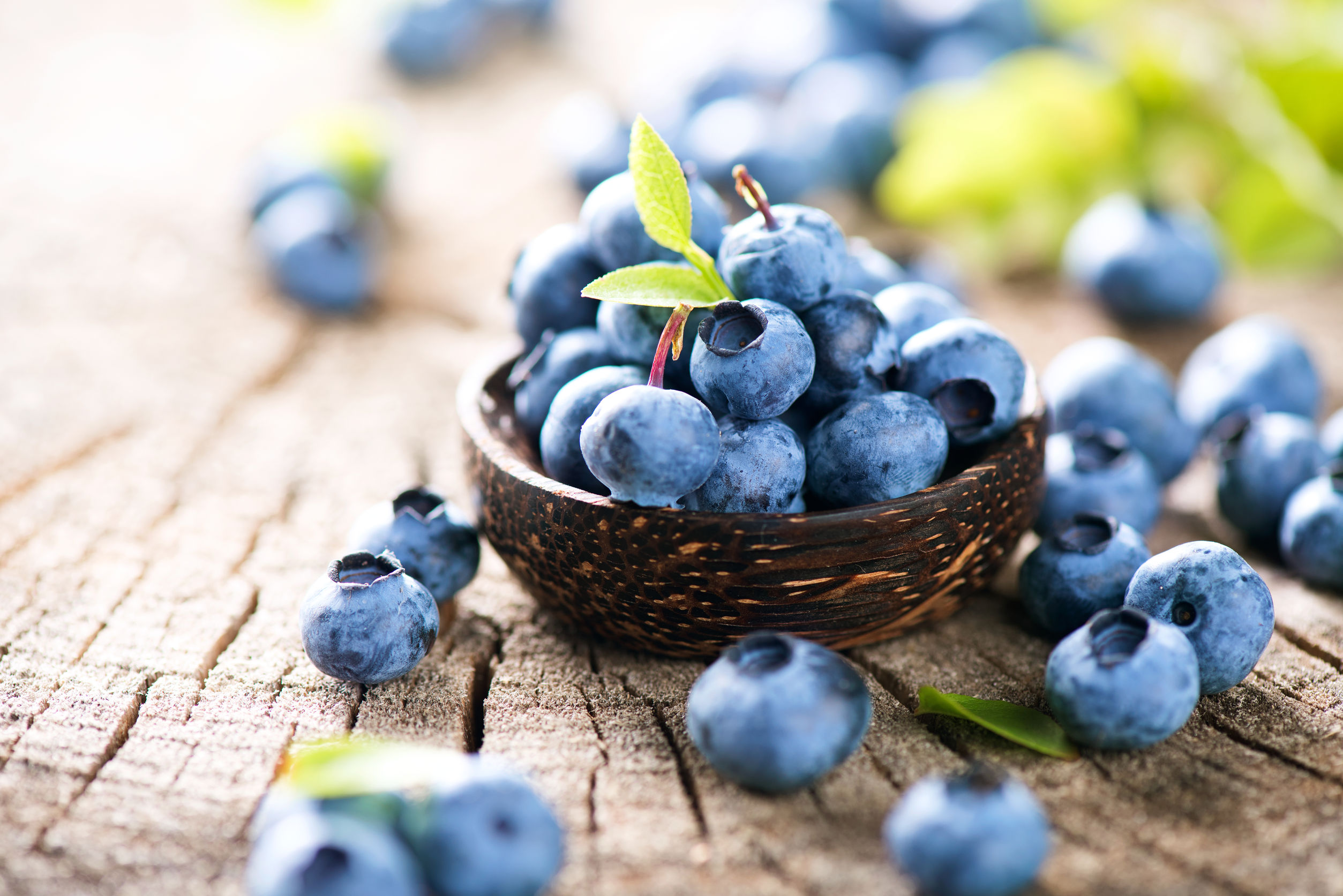 46048897 - juicy and fresh blueberries with green leaves in wooden bowl Blueberries